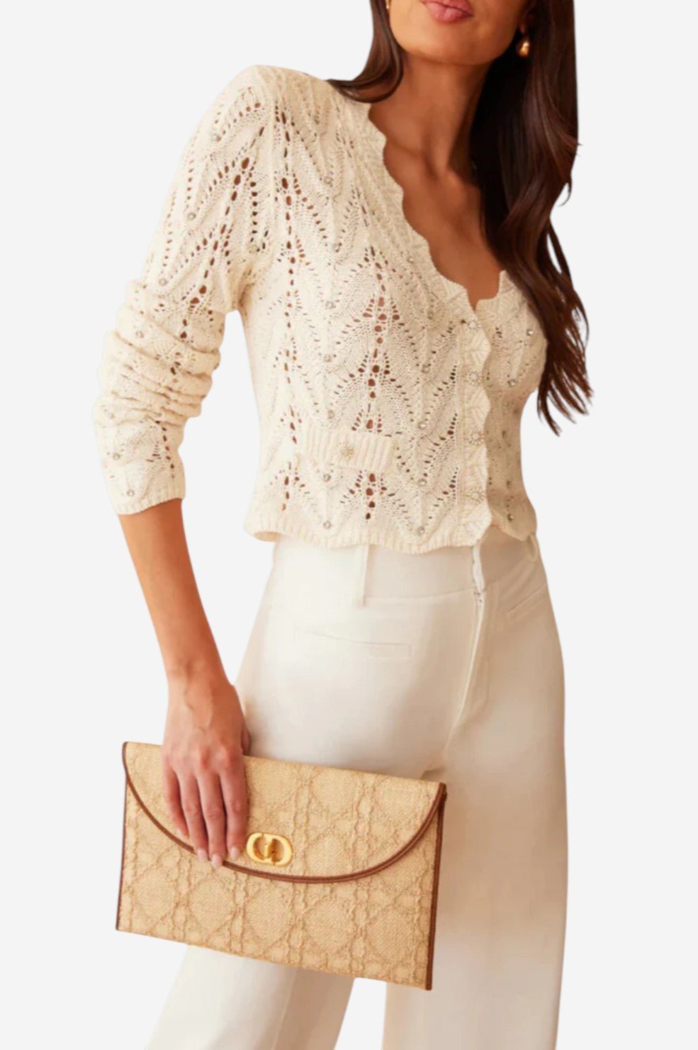 Blake Crystal Pointelle Cardigan - Natural - Image 6