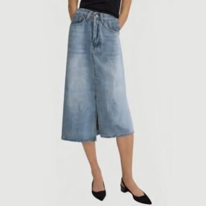 Khaki Belt Pleated A-Line Casual Midi Skirt